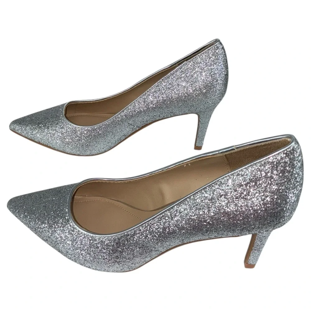 ON 34th Jeules Silver Glitter Pointed Toe Pumps‎ Kitten Heels Wedding Party 6M
